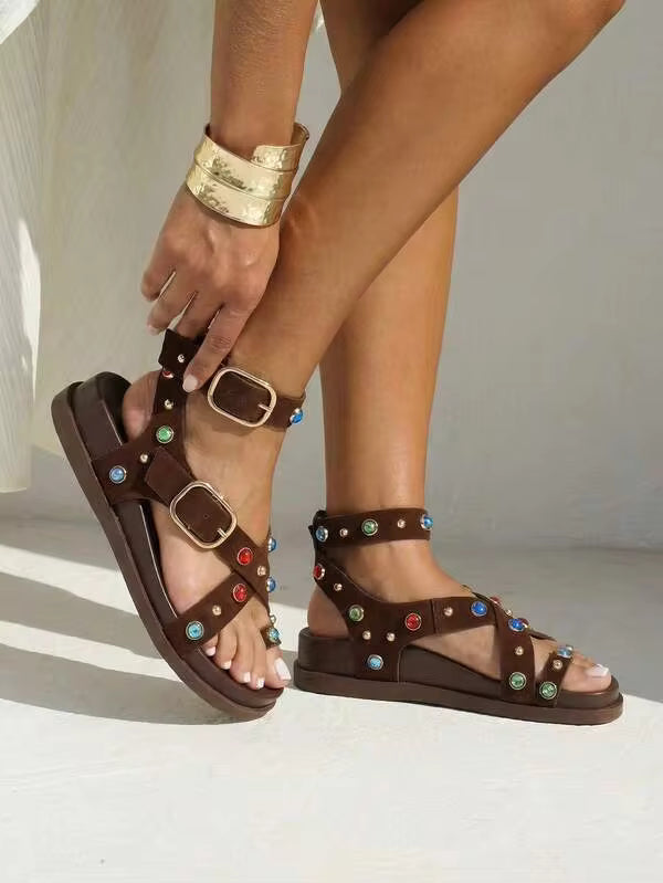 Flat Sandals For Women Casual Bohemian Retro Sandals Strappy Adjustable  Open Toe Sandals Comfortable Beach Summer Thong Studded Flip Flops