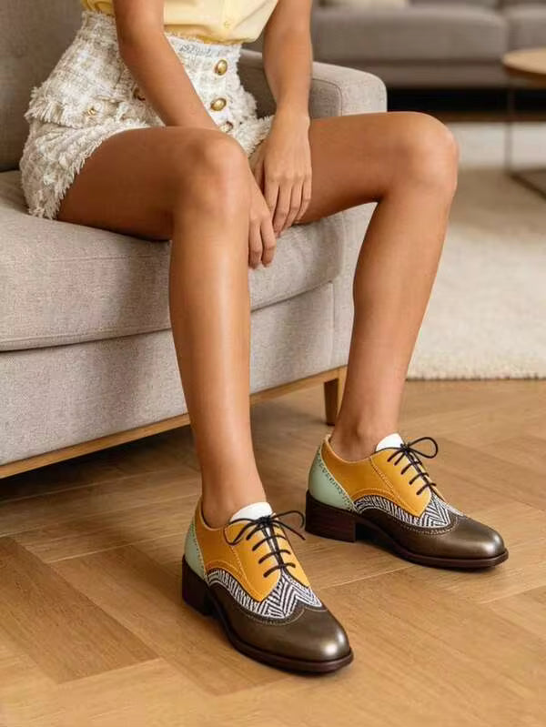 Retro Women Block Shoes Lace Up MIxed Color Sneakers Casul Comfy Confortable Office Pumps