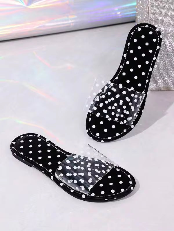 Vintage Style Transparent Polka Dot One-Strap Slide Sandals For Women, Summer Daily Wear, Shopping, Black With White Dots, Flat Sole, Open Toe, Casual Slippers (Runs Half Size Large)