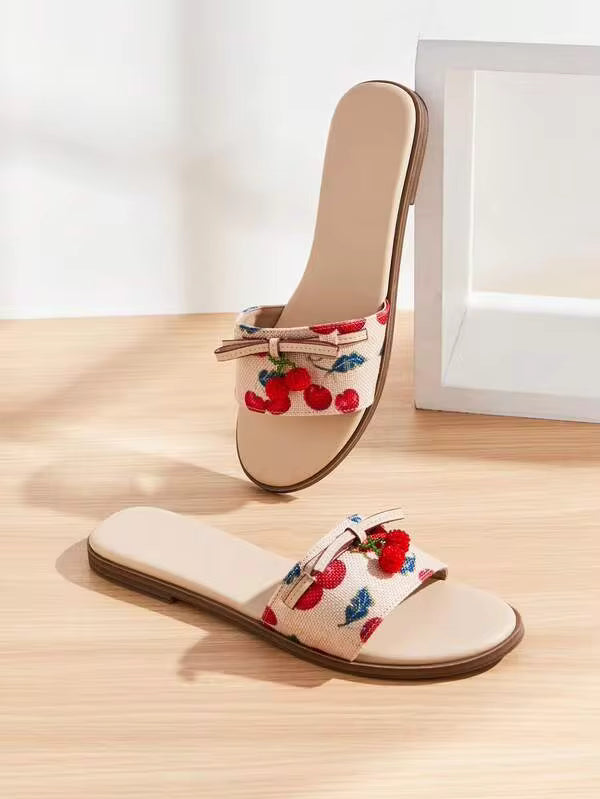 Solezae Women Cherry Fruit Print Slip-On Open Toe Everyday Summer Dreamy Cute PU Flat Sandals