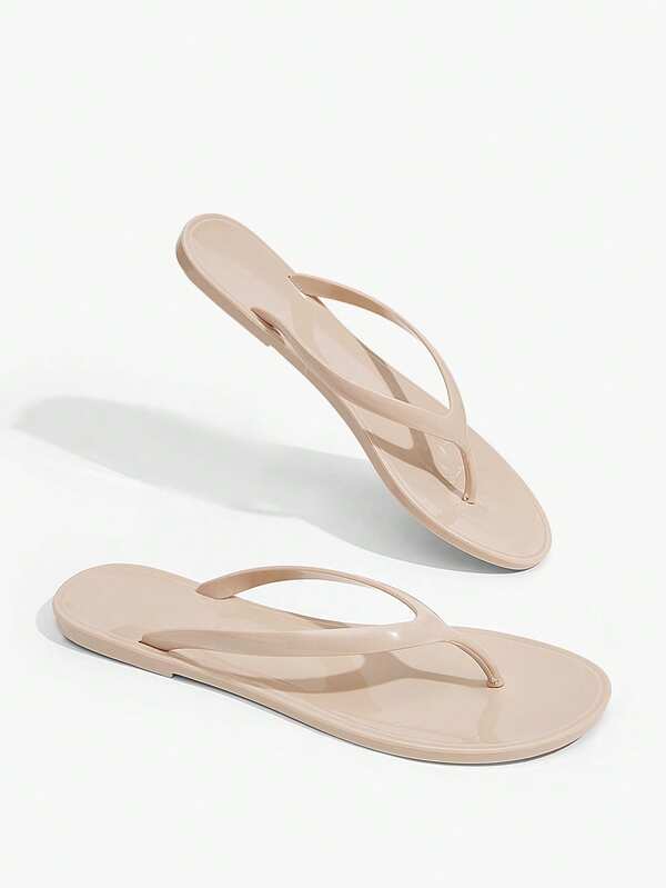 Grefit Spring And Summer New Round Toe Flat Bottom Casual Vacation Simple Apricot Women's Flat Sandals Slippers Women's Flip-Flops