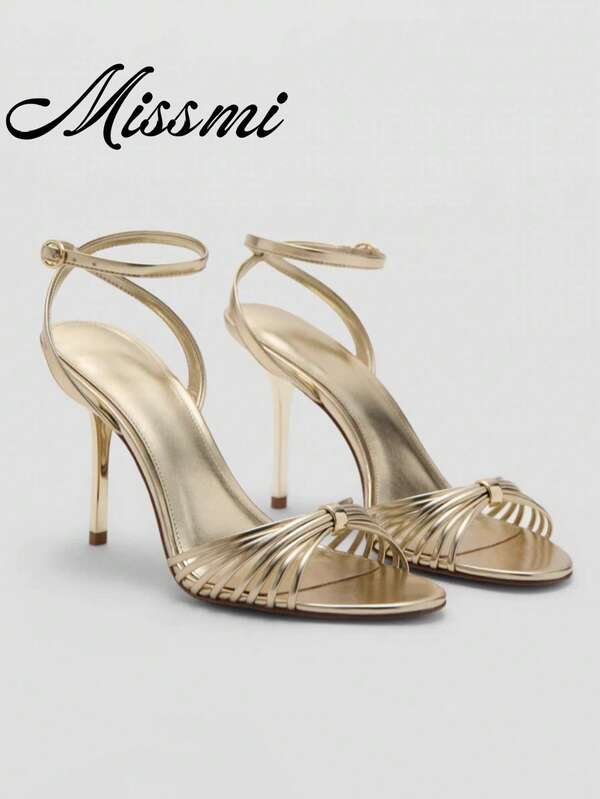2026 Spring/Summer New Women's Gold Metallic Layered Bow Decor Stiletto High Heel Sandals
